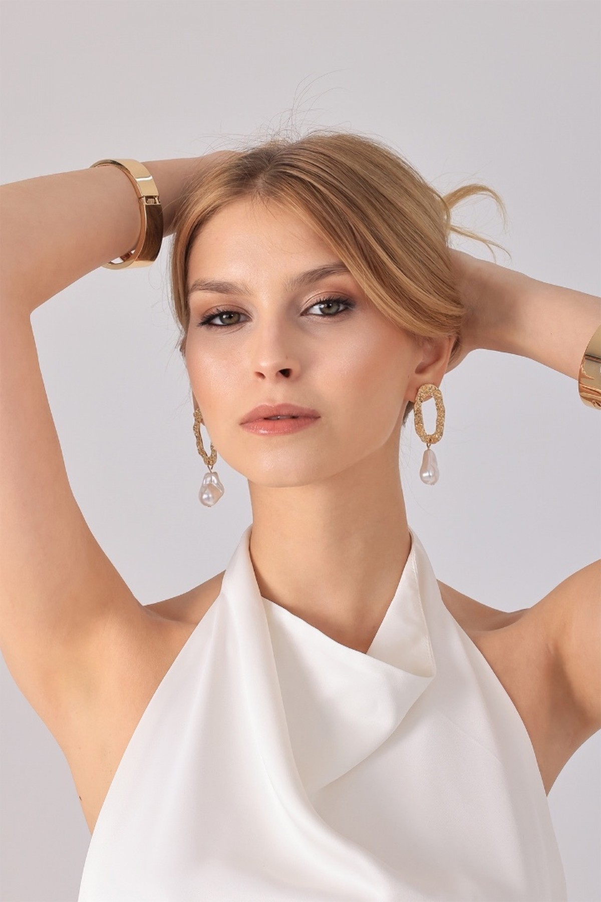 Gold Textured Earrings with Pearl Drop