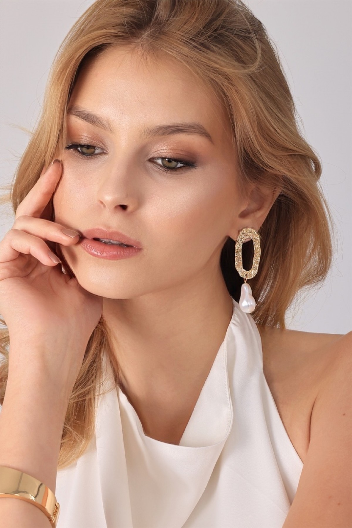 Gold Textured Earrings with Pearl Drop